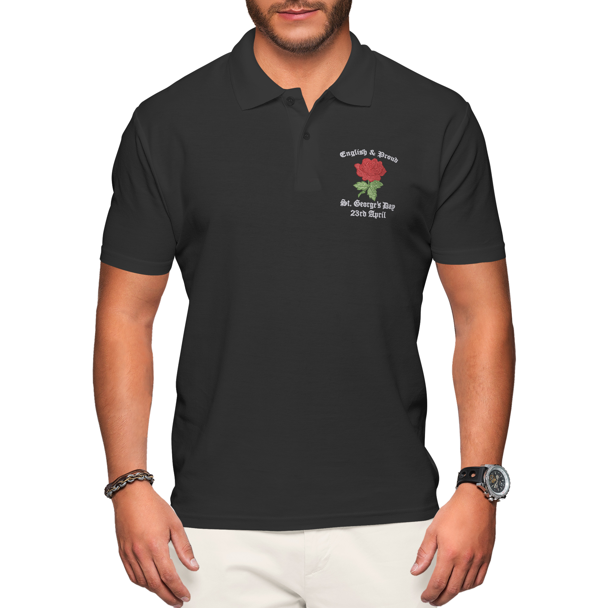 Embroidered English Rose Polo Shirt Country St George's Day Him