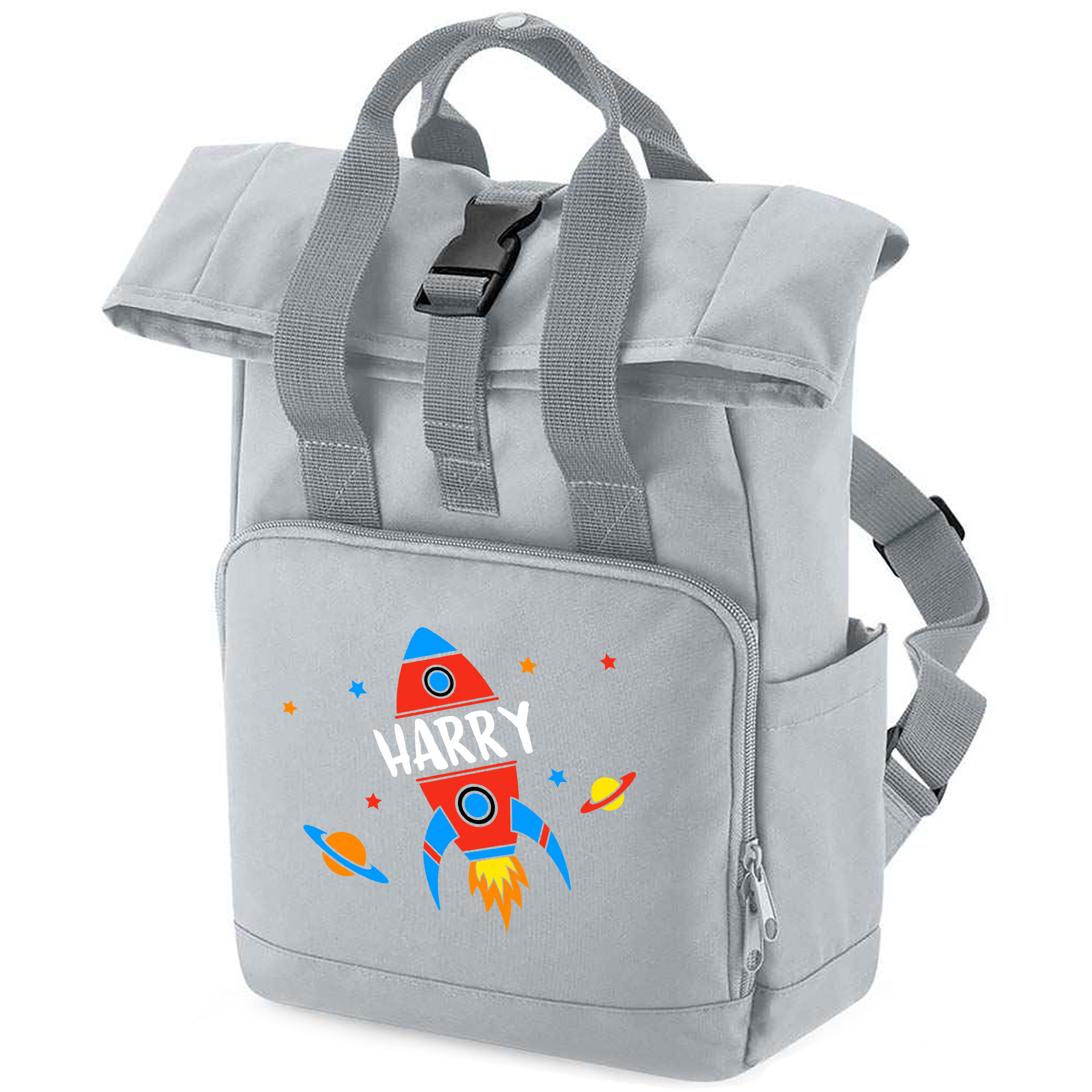 Personalised Rocket Ship Kids Backpack | Roll Top Design