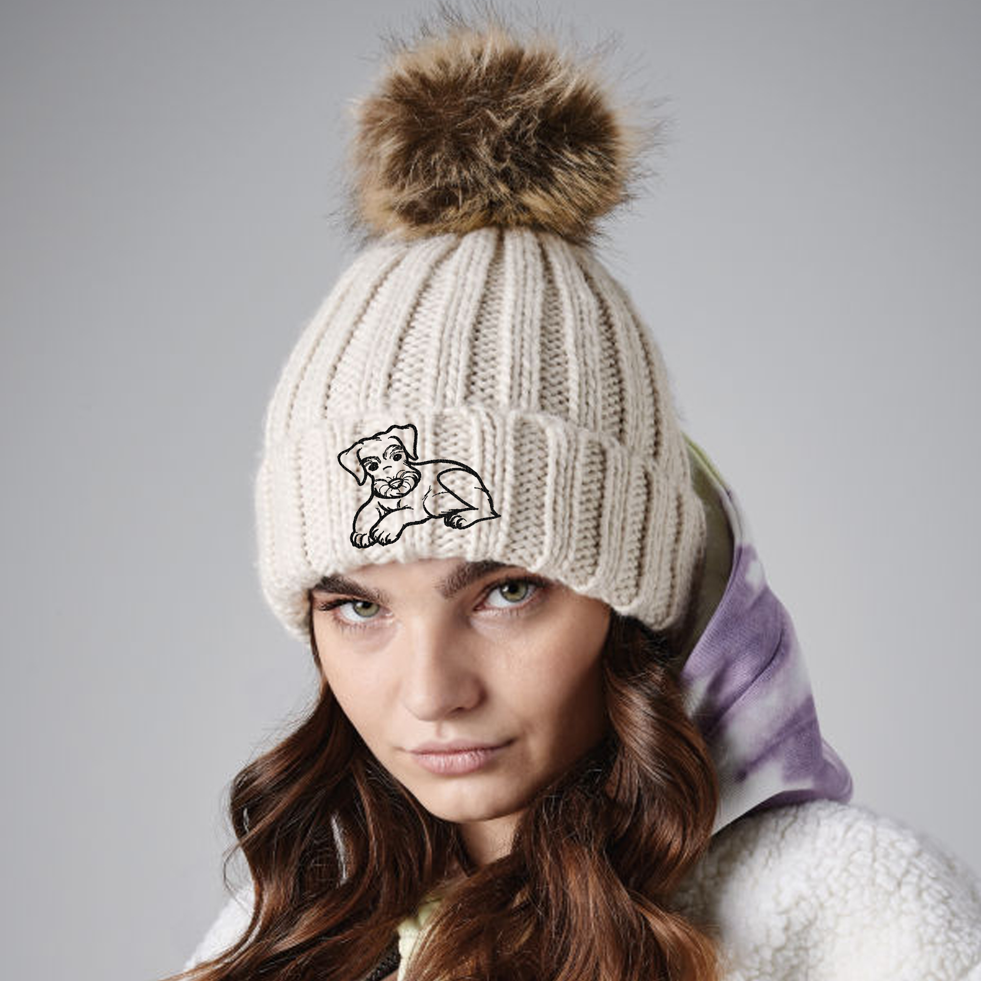 The House Of Dog: Schnauzer Owner Gift. Faux Fur Pom Pom Chunky Knit Super Soft Unisex Embroidered Beanie Black - View #3