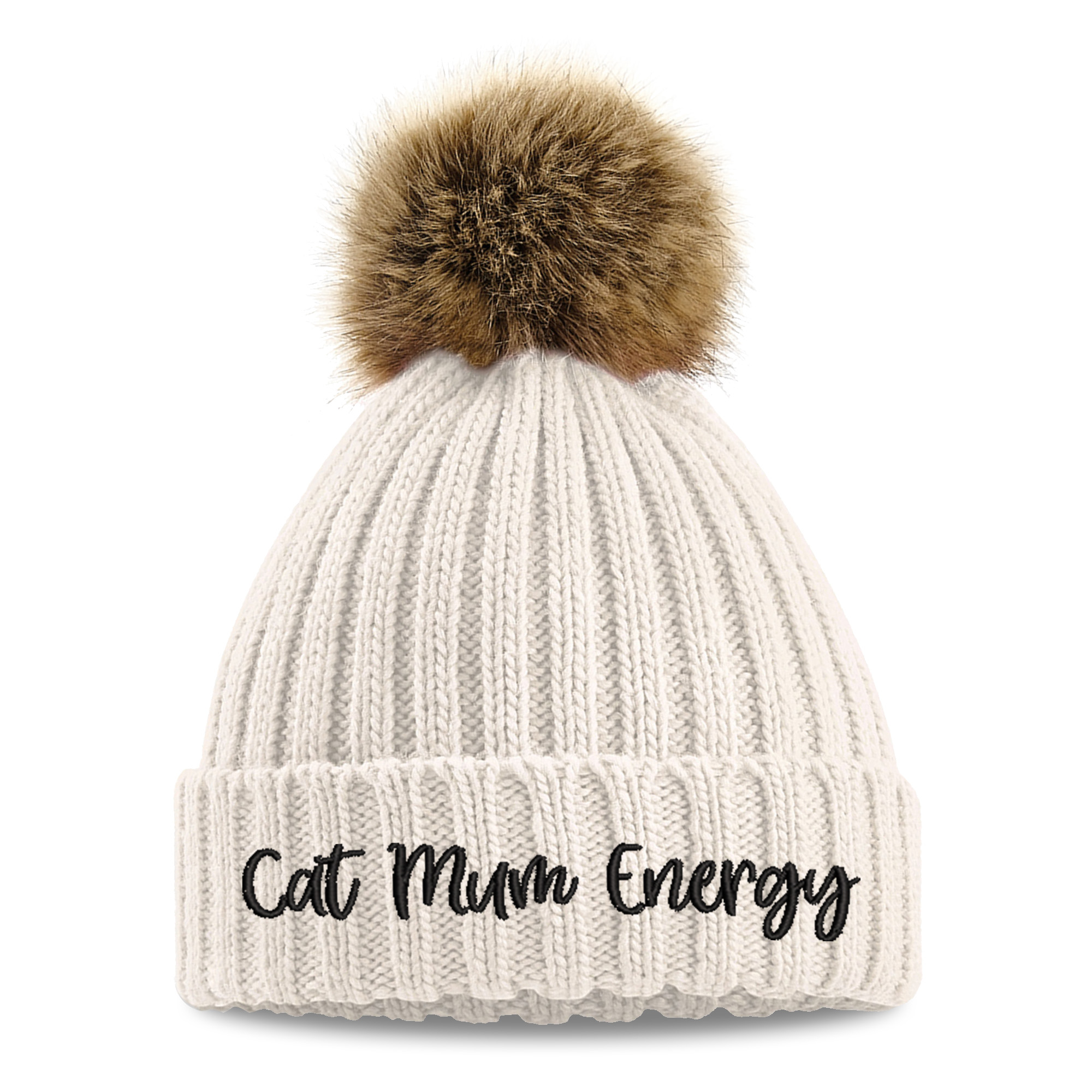 Cat Mum Energy Faux Fur Pom Pom Beanie | Chunky Winter Hat