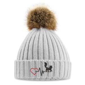 Cat Heartbeat Faux Fur Pom Pom Chunky Beanie Women Cat Lover Gifts Purple Print House