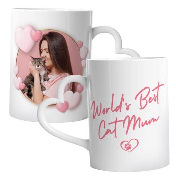Cat Mum Personalised Mug Worlds Best Heart Handle Custom Image Love Hearts Present Heart Handle Mugs Purple Print House