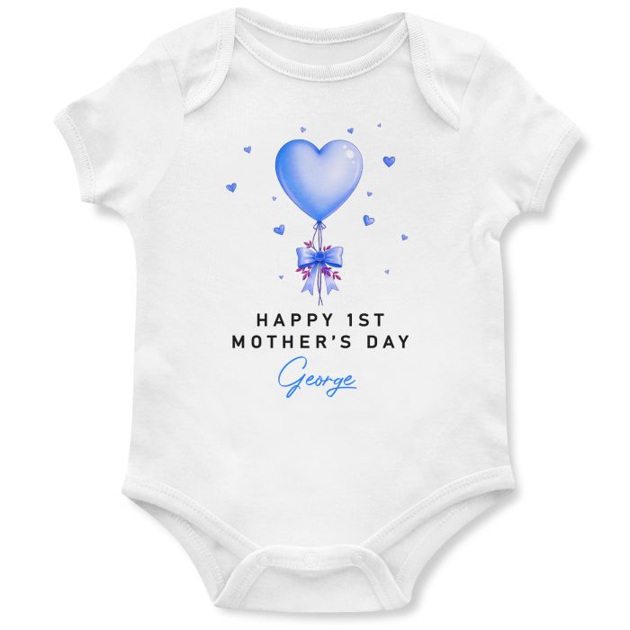 Happy 1st Mothers Day Personalised Babygrow Blue Love Heart Balloon Custom Name Babygrow Vests Purple Print House