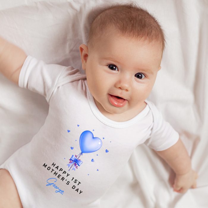Happy 1st Mothers Day Personalised Babygrow Blue Love Heart Balloon Custom Name Babygrow Vests Purple Print House
