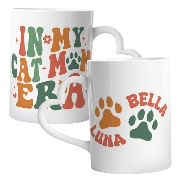 Personalised Cat Mug In My Cat Mum Era Custom Cats Name Paw Prints Heart Handle Cup Heart Handle Mugs Purple Print House