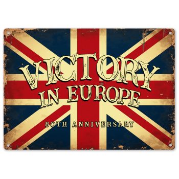 Grunge Victory in Europe Metal Sign VE Day 80th Anniversary Union Jack Design Custom Metal Signs Purple Print House