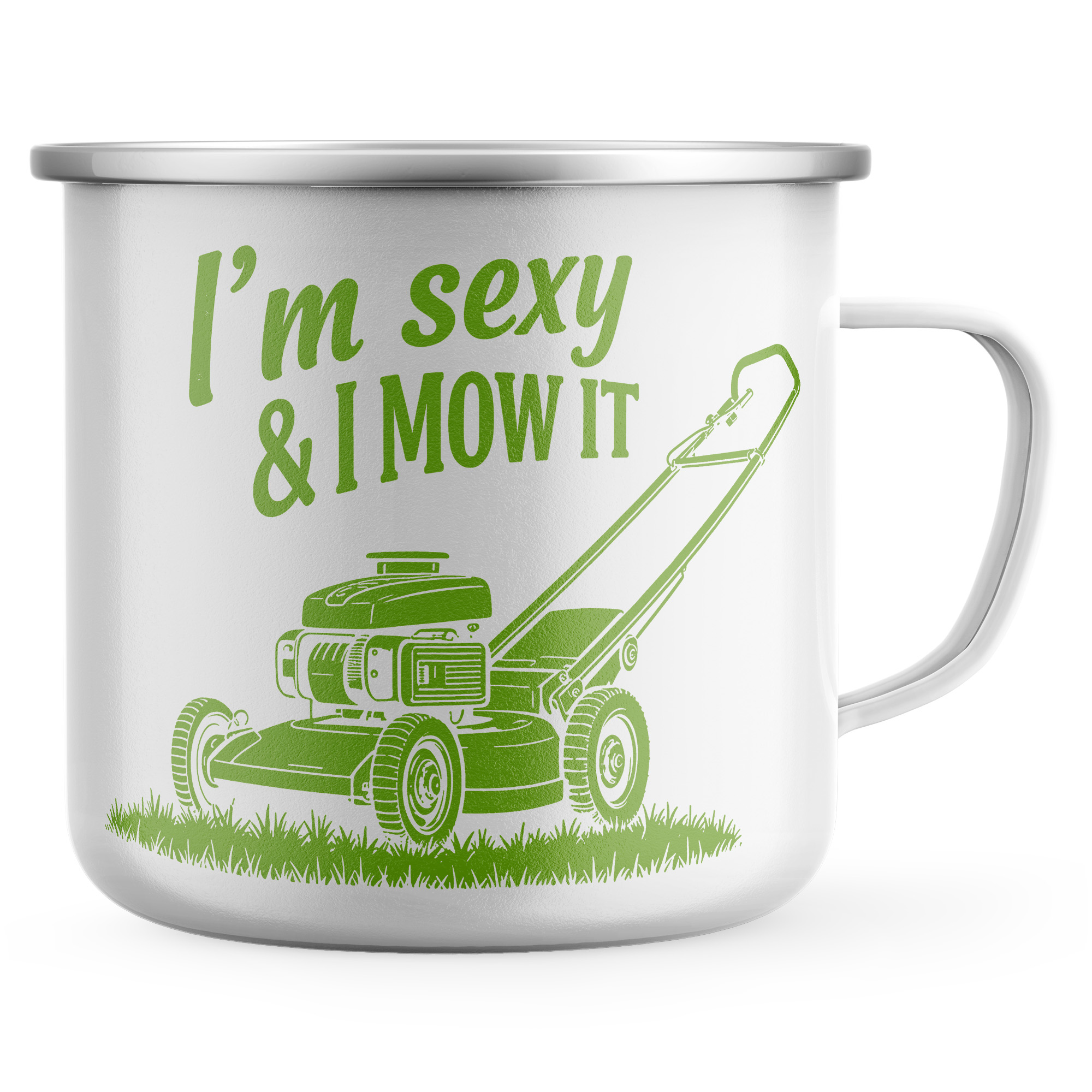 Funny Gardening Enamel Mug with I’m Sexy & I Mow It Lawn Mower Design Funny Gardening Enamel Mug with I’m Sexy & I Mow It Lawn Mower Design Father's Day Gifts Purple Print House