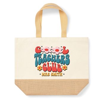 Personalised Retro Cool Teachers Club Jute Canvas Bag Add Teacher Name Personalised Bags Purple Print House