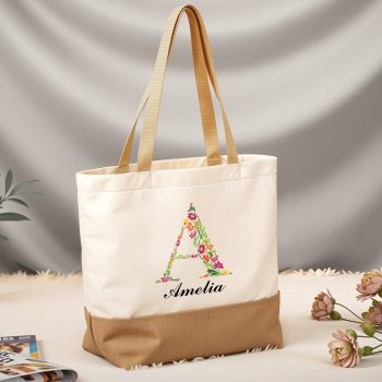 Custom Thank You Gifts For Teachers Floral Name & Initial Design Jute Bag Personalised Bags Purple Print House