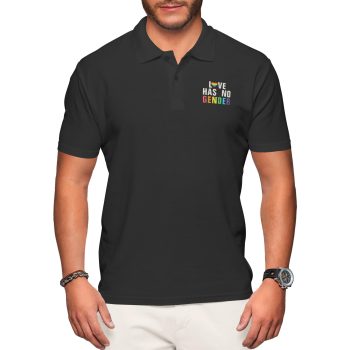 Mens Embroidered Pride Polo Shirt with Love Has No Gender Rainbow Text Men's Clothing Purple Print House
