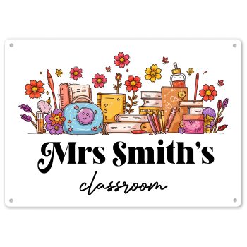 Custom Teachers Classroom Metal Sign Flowers Books Stationary Wall Plaque Custom Metal Signs Purple Print House