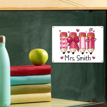 Custom Teachers Metal Sign Pink Pencil Wall Plaque with Personalised Name Custom Metal Signs Purple Print House