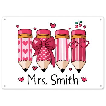 Custom Teachers Metal Sign Pink Pencil Wall Plaque with Personalised Name Custom Metal Signs Purple Print House