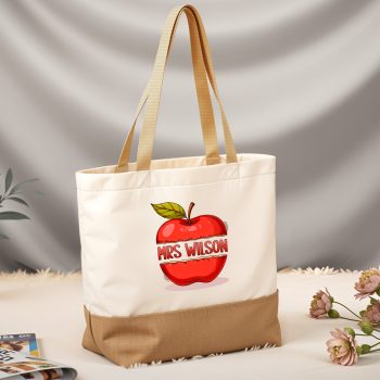 Personalised Teachers Present Canvas Jute Bag with Apple Name Design Personalised Accessories Purple Print House