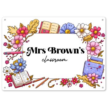 Personalised Metal Sign for Teacher Floral Frame Design with Custom Name Custom Metal Signs Purple Print House