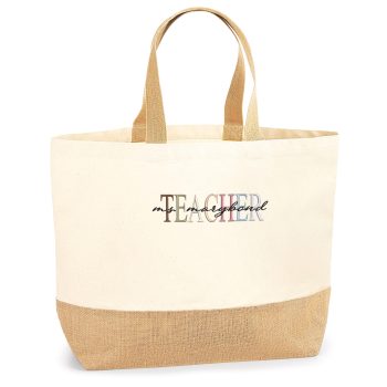 Personalised Embroidered Teacher Jute Bag with Multicolour Lettering Personalised Bags Purple Print House