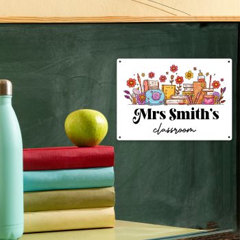 Custom Teachers Classroom Metal Sign Flowers Books Stationary Wall Plaque Custom Metal Signs Purple Print House