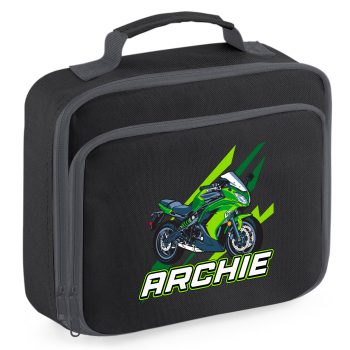 Personalised Boys Green Superbike Lunch Bag Custom Name Speed Motorcycle Lunchbox Back To School Purple Print House