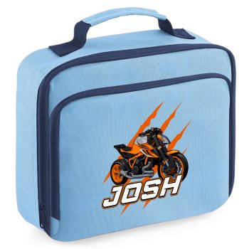 Boys Personalised Orange Motorcycle Lunch Bag Custom Name Superbike Lunchbox Back To School Purple Print House