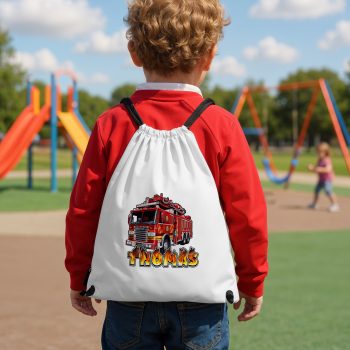 Personalised Boys Fire Engine Drawstring Bag with Fire Flames Custom Name Drawstring Bags Purple Print House