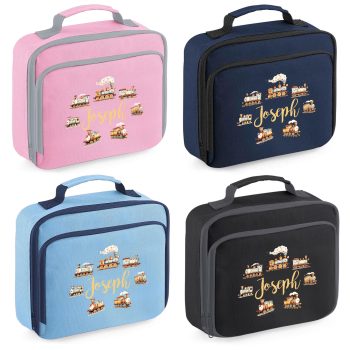 Kids Personalised Trains Lunch Bag Custom Name Steam Train School Lunchbox Back To School Purple Print House