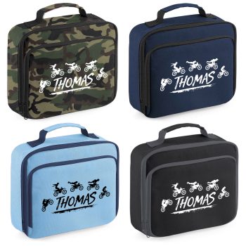 Boys Personalised Motocross Lunch Bag Dirt Bike Jump Lunchbox with Kids Name Back To School Purple Print House