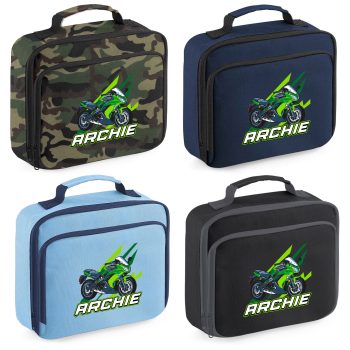 Personalised Boys Green Superbike Lunch Bag Custom Name Speed Motorcycle Lunchbox Back To School Purple Print House