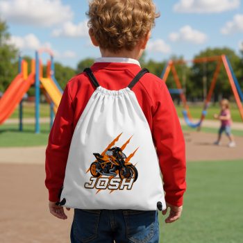 Personalised Boys Orange Motorcycle Drawstring Bag Custom Name Superbike Design Drawstring Bags Purple Print House