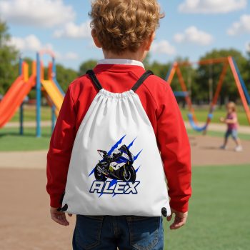 Personalised Blue Motorbike Boys Drawstring Bag Custom Name Superbike PE Bag Drawstring Bags Purple Print House