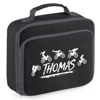 Boys Personalised Motocross Lunch Bag Dirt Bike Jump Lunchbox with Kids Name Back To School Purple Print House