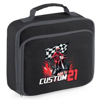 Personalised Boys Motocross Lunch Bag Custom Bike Race Number Choose Colour Design Back To School Purple Print House