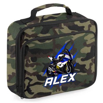 Personalised Blue Motorbike Boys Lunch Bag Superbike Lunchbox with Custom Name Back To School Purple Print House