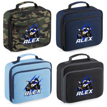 Personalised Blue Motorbike Boys Lunch Bag Superbike Lunchbox with Custom Name Back To School Purple Print House