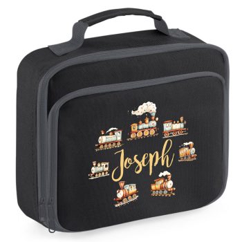 Kids Personalised Trains Lunch Bag Custom Name Steam Train School Lunchbox Back To School Purple Print House