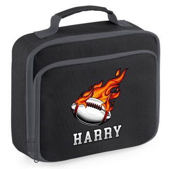 Personalised Rugby Lunch Bag For Boys Rugby Ball Flame Design With Name Back To School Purple Print House