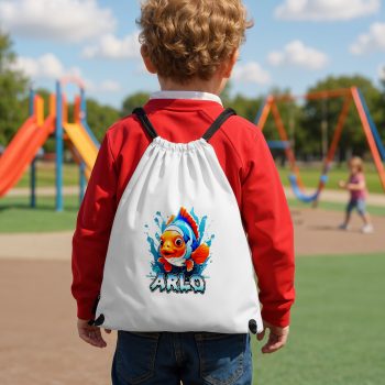 Kids Personalised Goldfish Drawstring Bag with Water Splash Design and Name Drawstring Bags Purple Print House