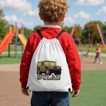 Personalised Boys Army Jeep Drawstring Bag Military Vehicle Design with Name Back To School Purple Print House
