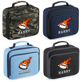 Personalised Rugby Lunch Bag For Boys Rugby Ball Flame Design With Name Back To School Purple Print House