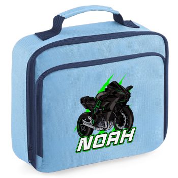 Personalised Boys Green Motorbike Lunch Bag with Superbike Design and Name Kids Accessories Purple Print House