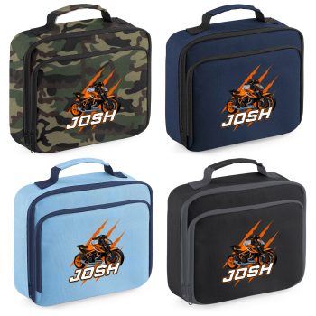 Boys Personalised Orange Motorcycle Lunch Bag Custom Name Superbike Lunchbox Back To School Purple Print House