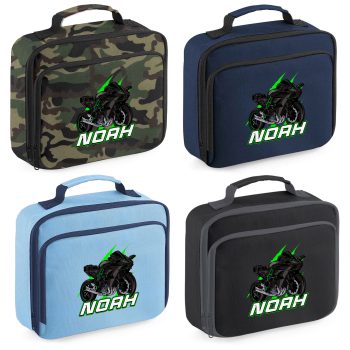 Personalised Boys Green Motorbike Lunch Bag with Superbike Design and Name Kids Accessories Purple Print House