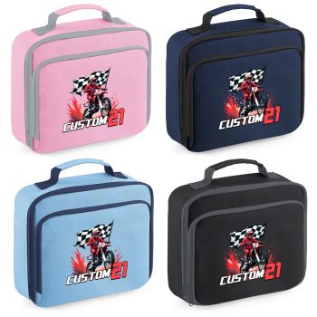 Personalised Boys Motocross Lunch Bag Custom Bike Race Number Choose Colour Design Back To School Purple Print House