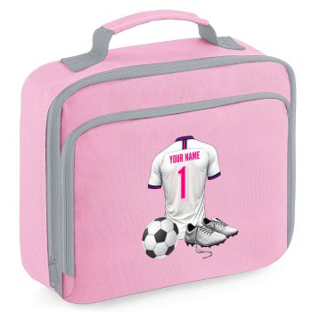Custom Name Number Girls Football Lunch Bag Pink Football Kit Design Back To School Purple Print House