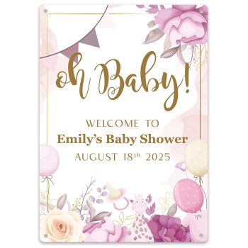 Baby Shower Personalised Metal Sign Oh Baby Custom Pink Floral Cute Giraffe Design Baby Gifts Purple Print House