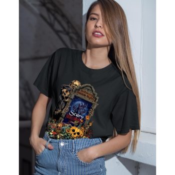 Spooky Halloween Unisex T Shirt for Women Graveyard Scene Top for Her Halloween Clothing Purple Print House