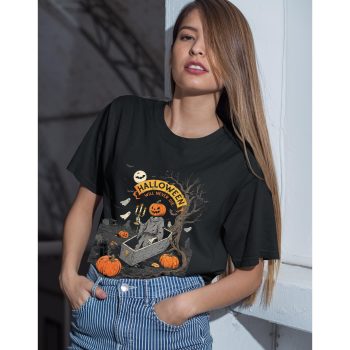 Spooky Graveyard Halloween T Shirt for Women Halloween Will Never Die Tee Halloween Clothing Purple Print House