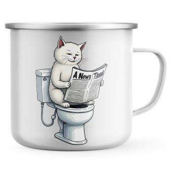 Funny White Cat Enamel Mug Cat Toilet Reading Newspaper Cartoon Design Cat Gifts Purple Print House