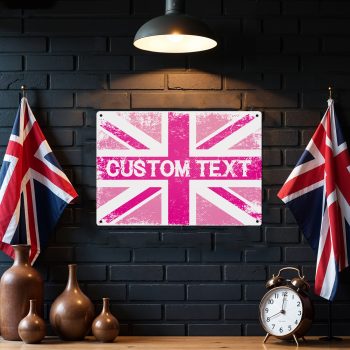 Personalised Pink Union Jack Metal Sign Custom Text Grunge Wall Plaque British Gifts Purple Print House