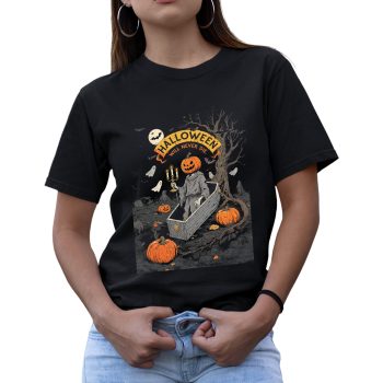 Spooky Graveyard Halloween T Shirt for Women Halloween Will Never Die Tee Halloween Clothing Purple Print House