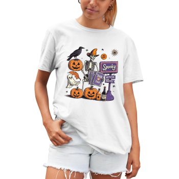 Witch Motel Halloween T Shirt for Women Spooky Skeleton and Pumpkins Tee for Her Halloween Clothing Purple Print House